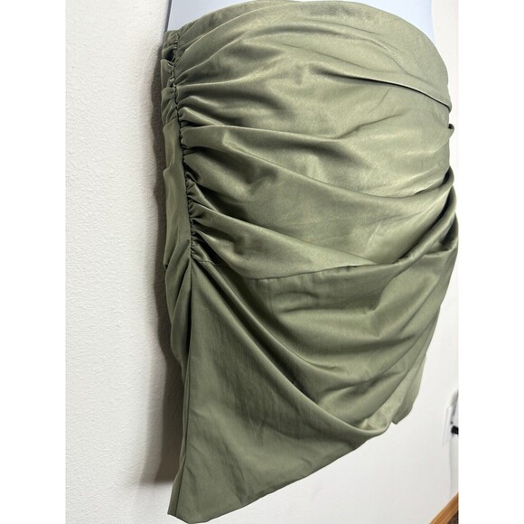 ASOS Sz 10 Asymmetrical Ruched Mini Skirt Green Side Button Detail Cotton Blend - Picture 6 of 12